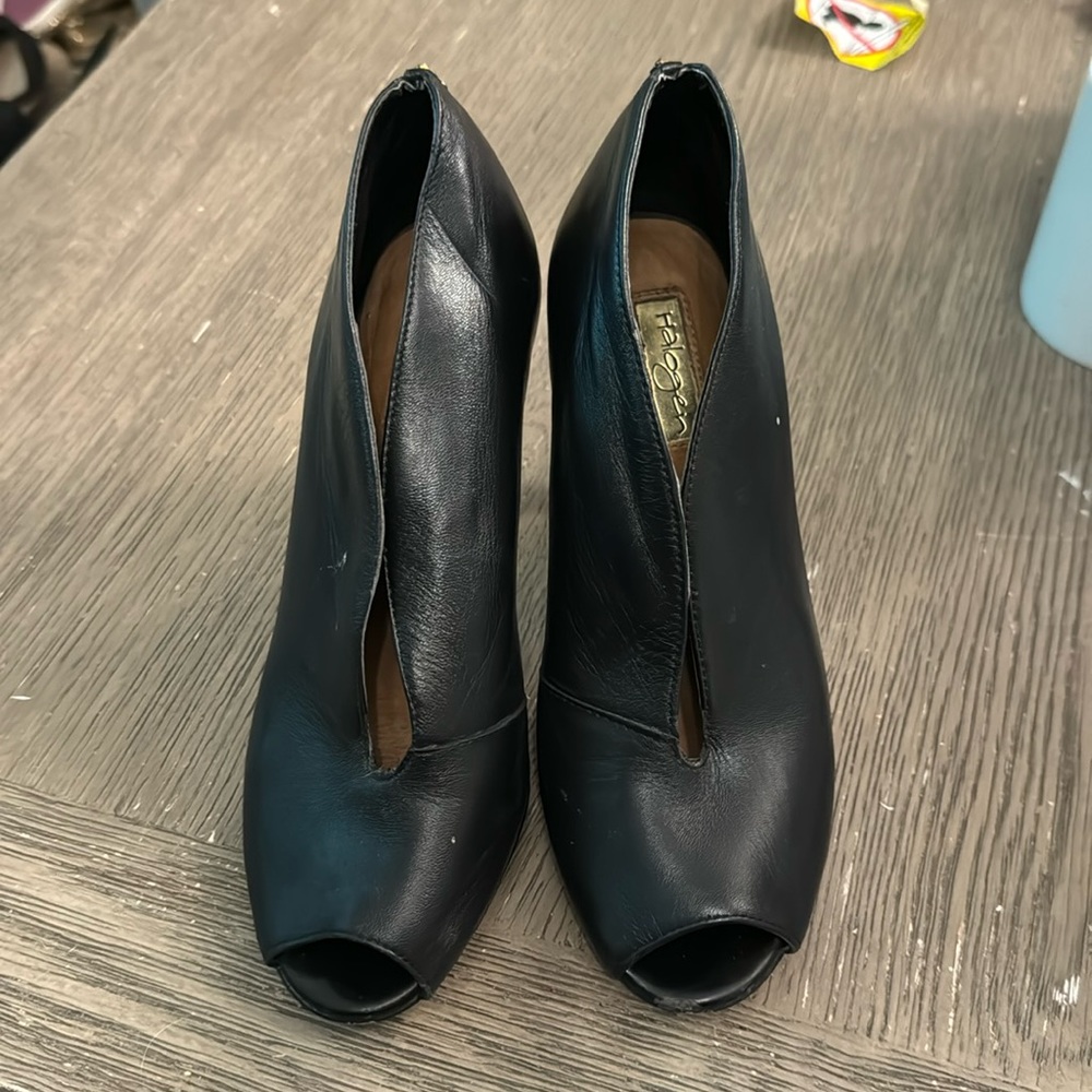 Halogen black peep toe heels with gold studs
